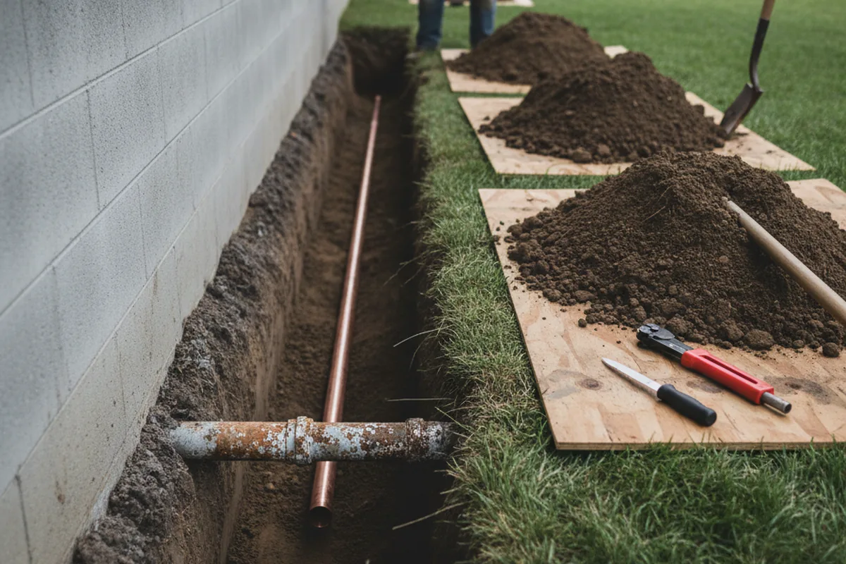 Excavated water line trench during Water Softener Installation in Beltsville